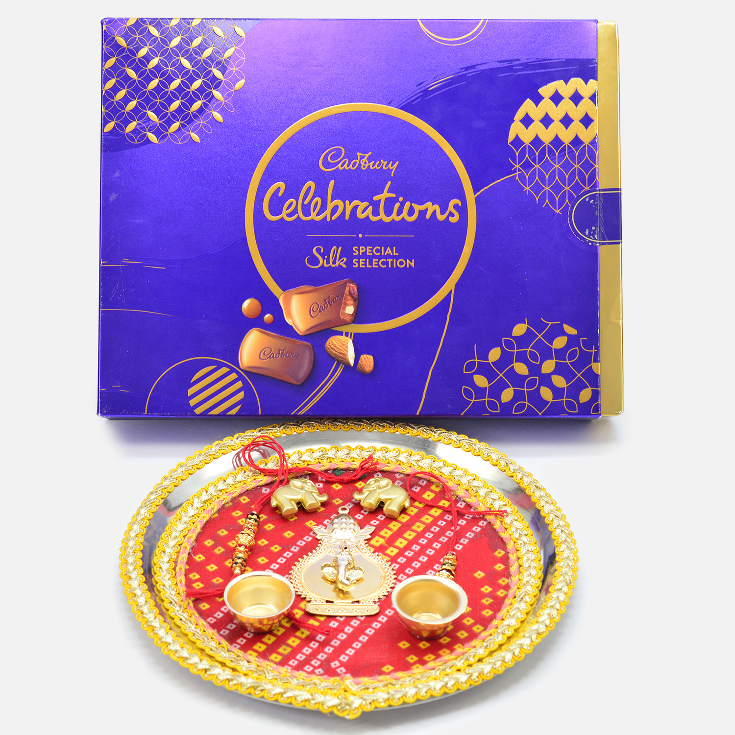 Cadbury Silk Special Selection Chocolates Pack with Stunning Looking Rakhis and Pooja Thali