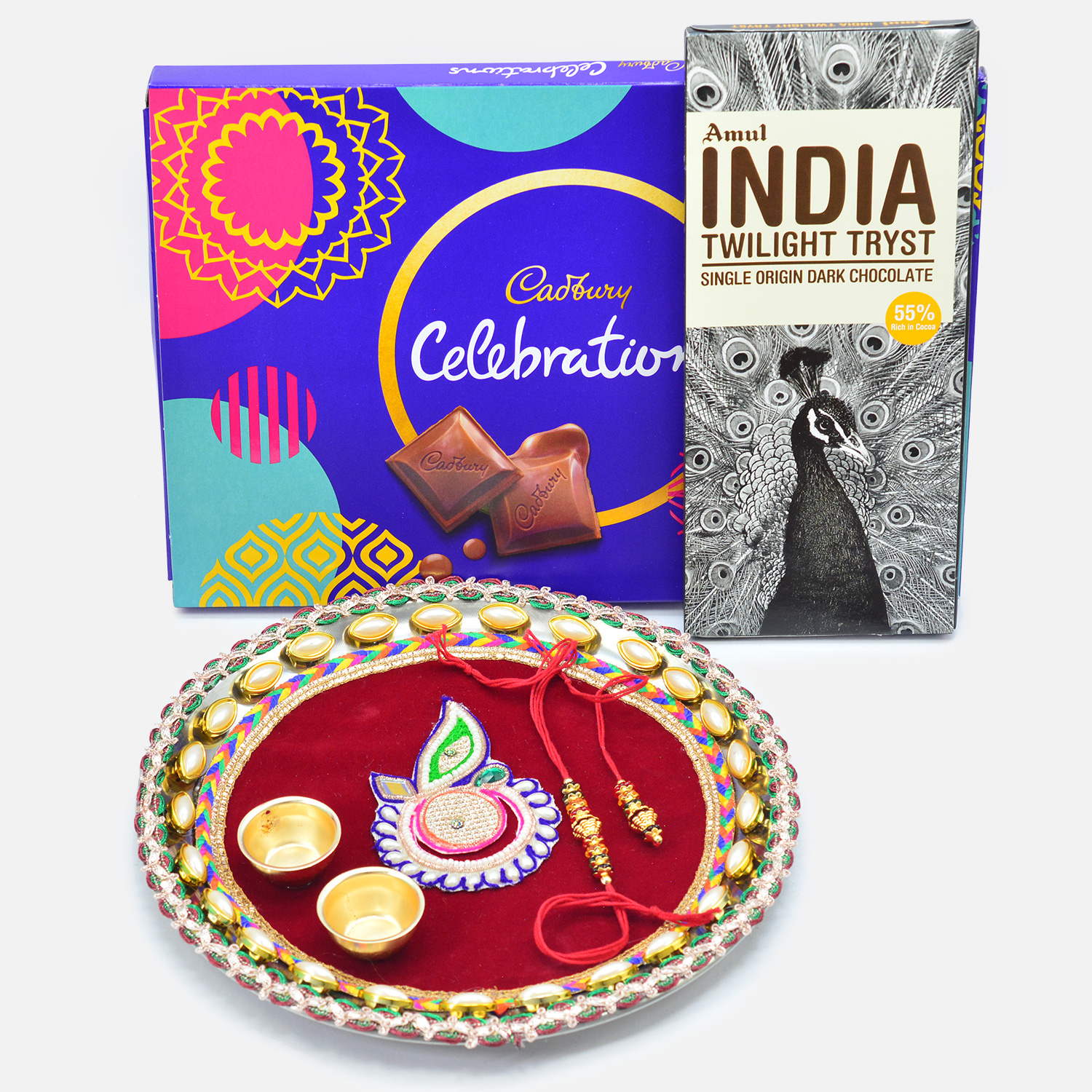 Cadbury Celebration and Amul Chocolates with New Design Maroon Puja Thali and Rakhis