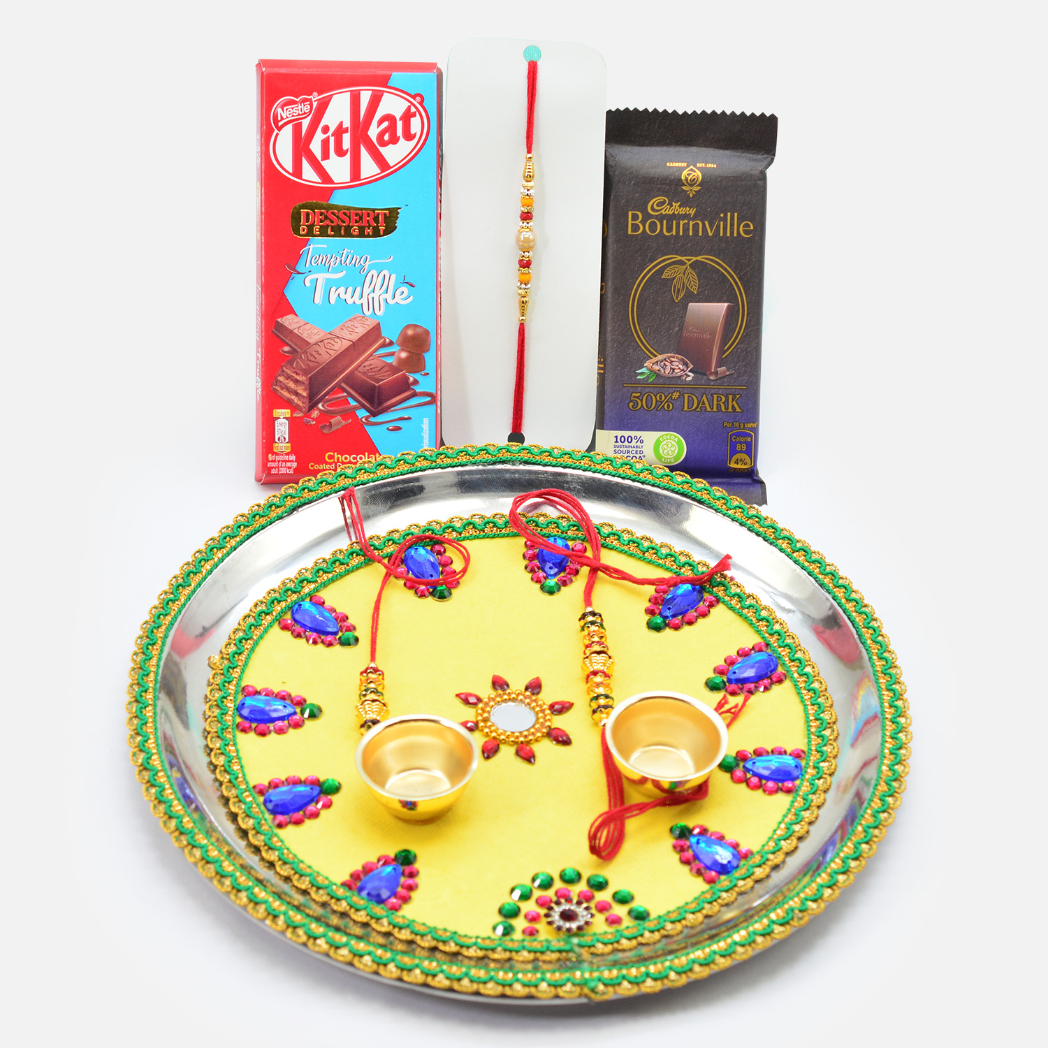Delicious Chocolates with Beaded Amazing Rakhis and Yellow Base Designer Puja Thali