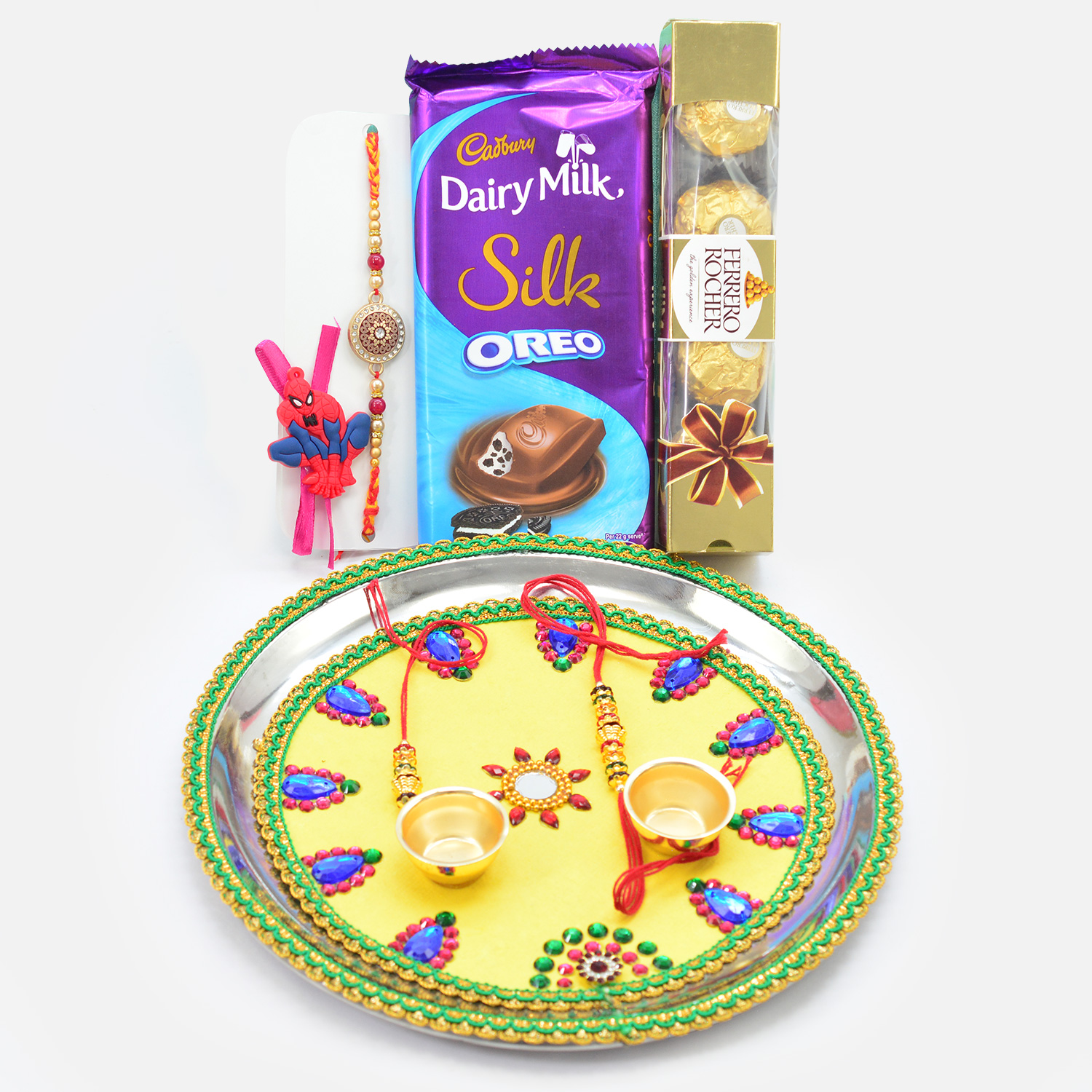Awesome Looking Puja Thali with Rakhis and Silk Oreo Ferrero Rocher Chocolates