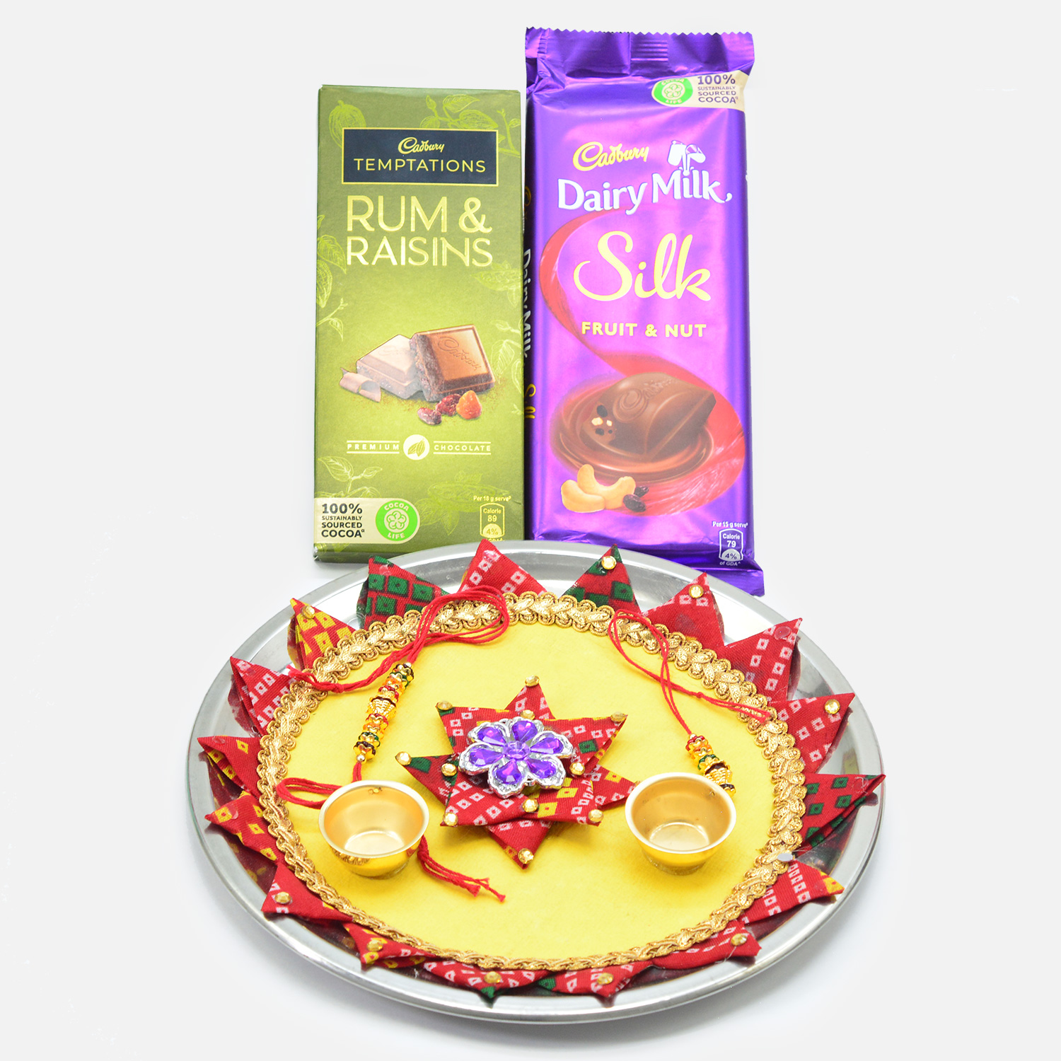 Silk Fruit and Nut and Rum Raisins Chocolate with New Design Yellow Base Flower Puja Thali and Rakhis