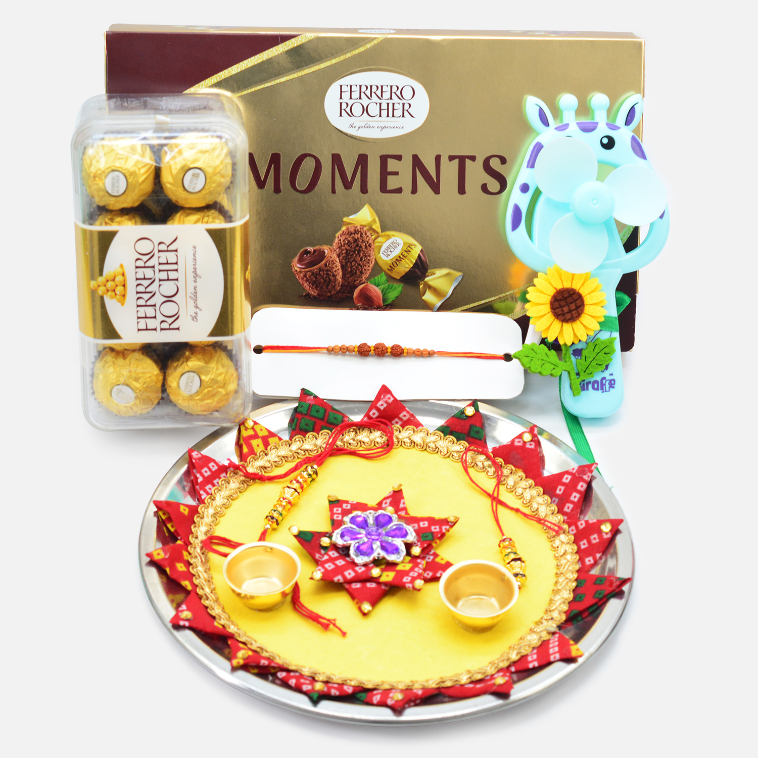 Ferrero 16 Pc and Moments Chocolates with Fancy Rakhis and Flower Design Puja Thali