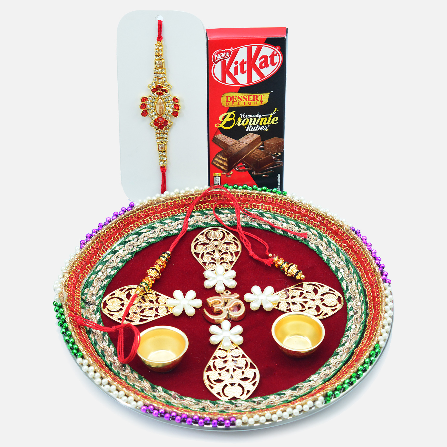 Rich Looking Auspicious Puja Thali with Stunning Looking Rakhis and Kitkat Brownie Chocolate