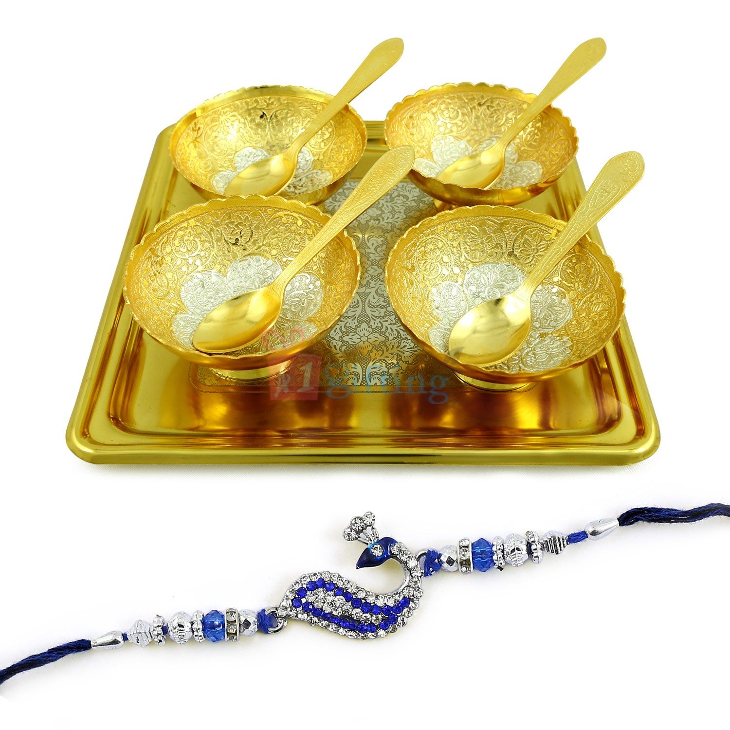 9 Piece Golden Serving Set with Blue Diamond Antique Rakhi
