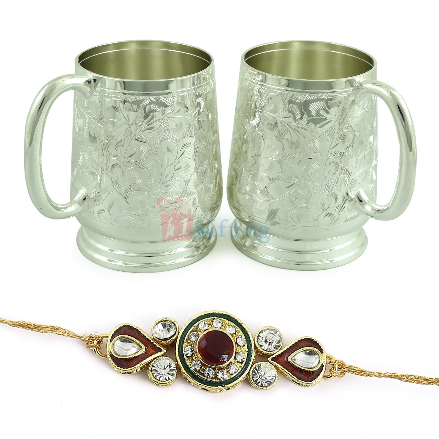 Big Brass 2 Designer Glass Set with Kundan Diamond Rakhi Hamper