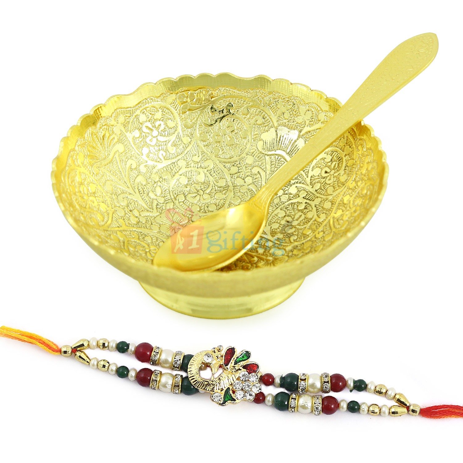 Golden Bowl n Spoon with Metal Diamond Rakhi Hamper