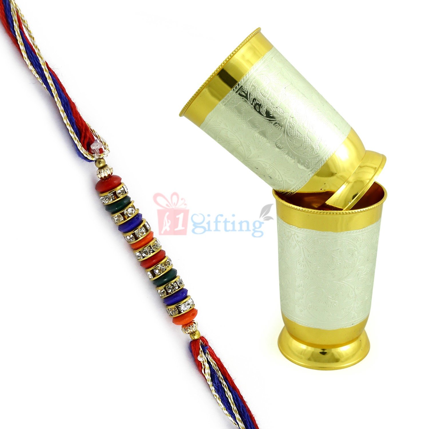 2 Set of Golden Silver Brass Glass with Multicolor Designer Rakhi