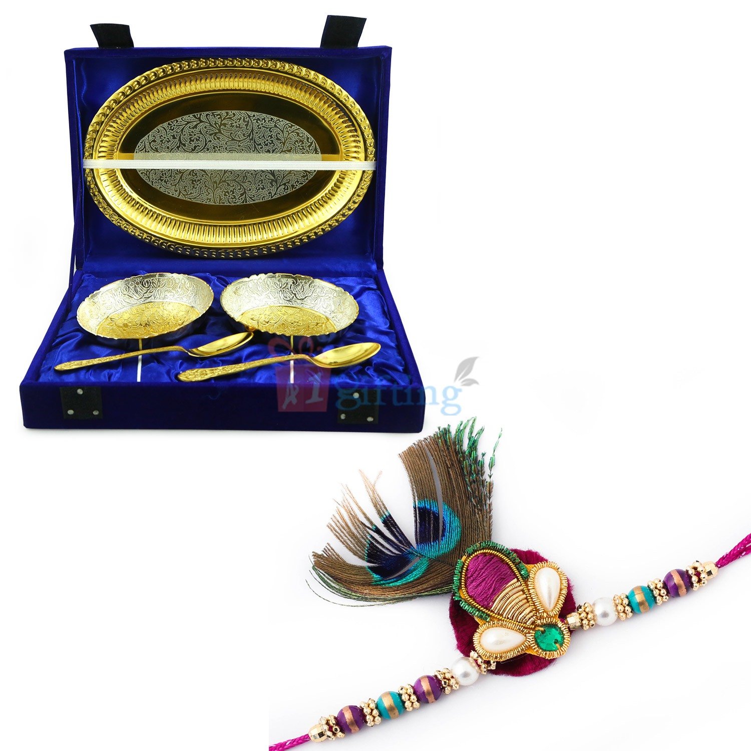 Golden Silver Bowl Pair with Oval Tray Set and Peacock Feather Designer Rakhi