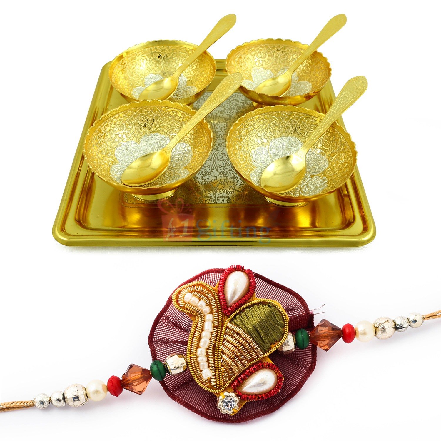 Brass Designer Bowl Set of 4 with Tray n Spoons Set and Jaipur Designer Rakhi