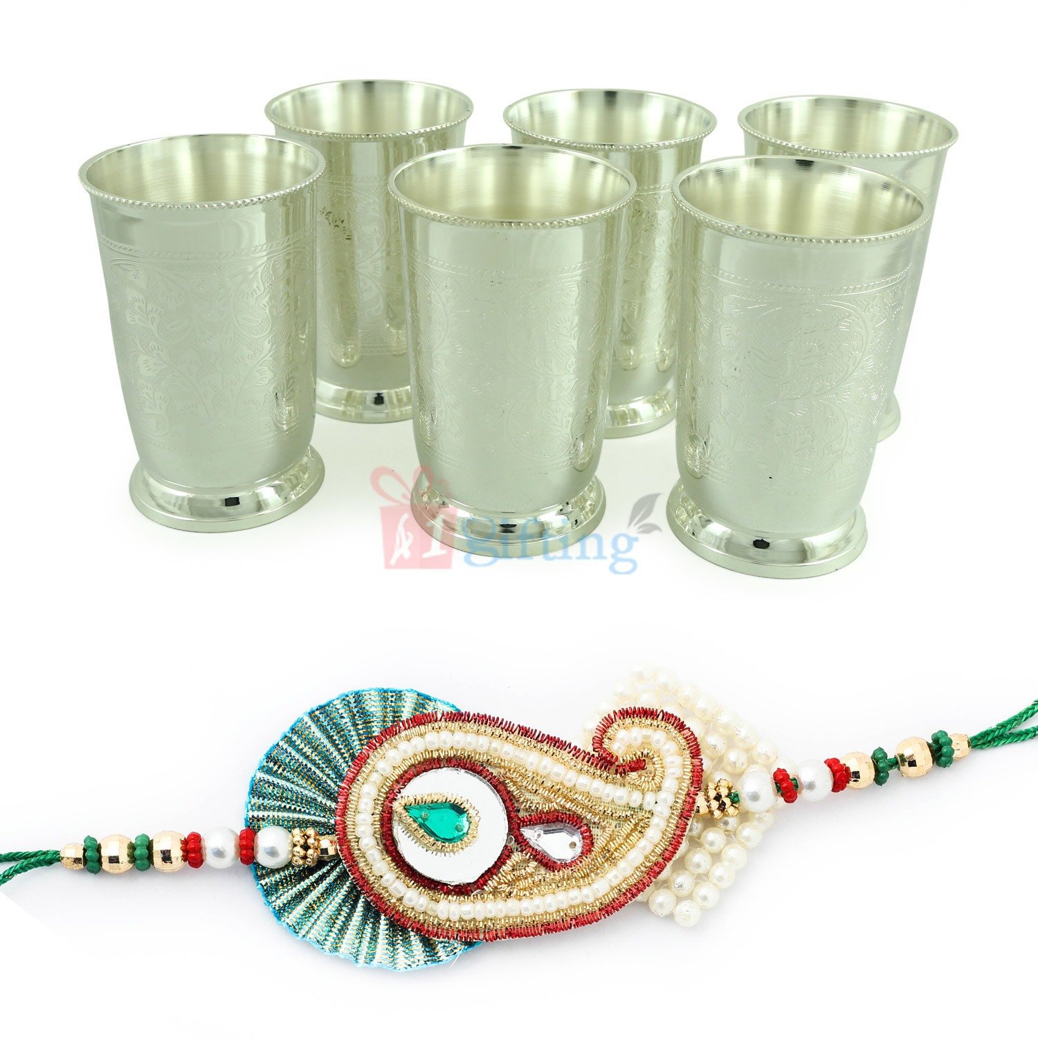 6 Brass Glass Set with Special Zari Gotta n Pearl Rakhi Hamper