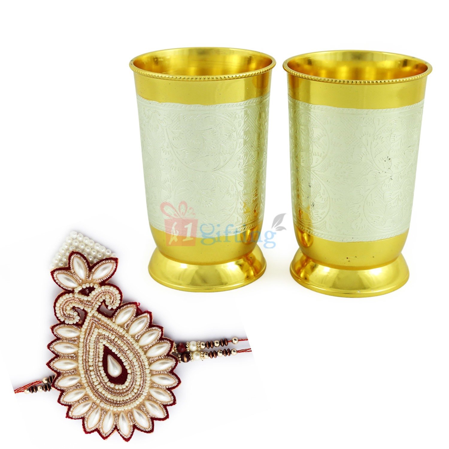 Royal Golden n Silver Brass Glasses with Jaipuri Handmade Pearl Rakhi