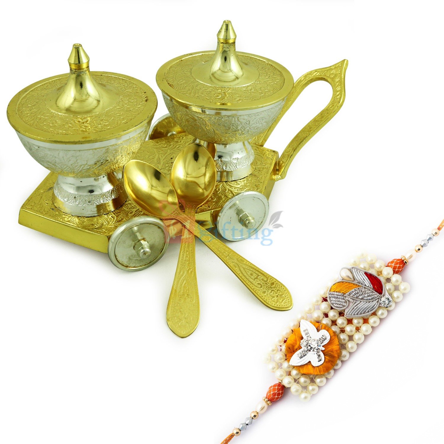 Golden Silver Royal Platter or Supari Dan Set with Tray with Super Pearl Rakhi