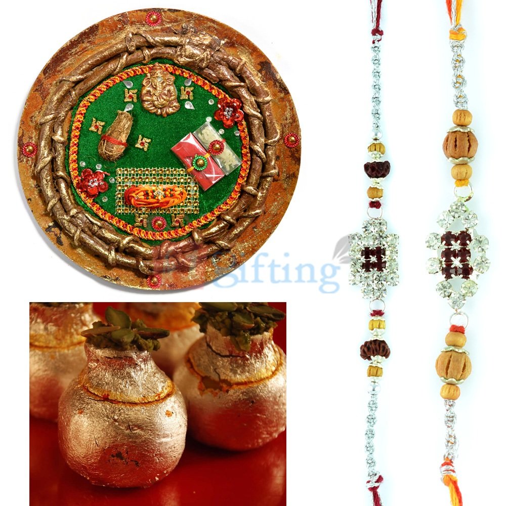 Handicraft Mauli Thali Kaju Kalash Sweet and Two Rakhis