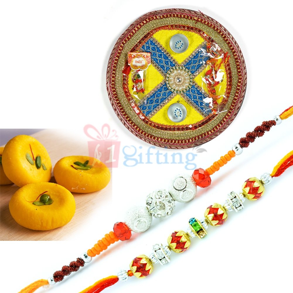 Handicraft Thali with Kesar Mawa Peda with Two Beads Rakhi