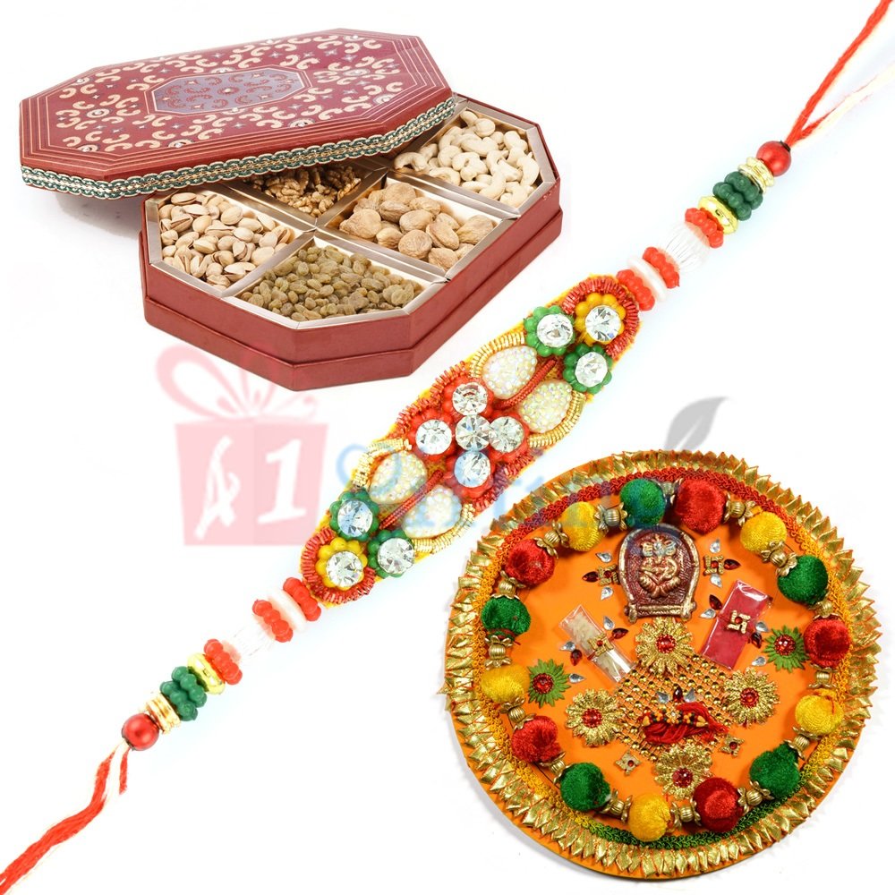 Velvet Ball with Ganpati Pooaj Thali with Six Types Nuts Dry Fruits and Rakhi
