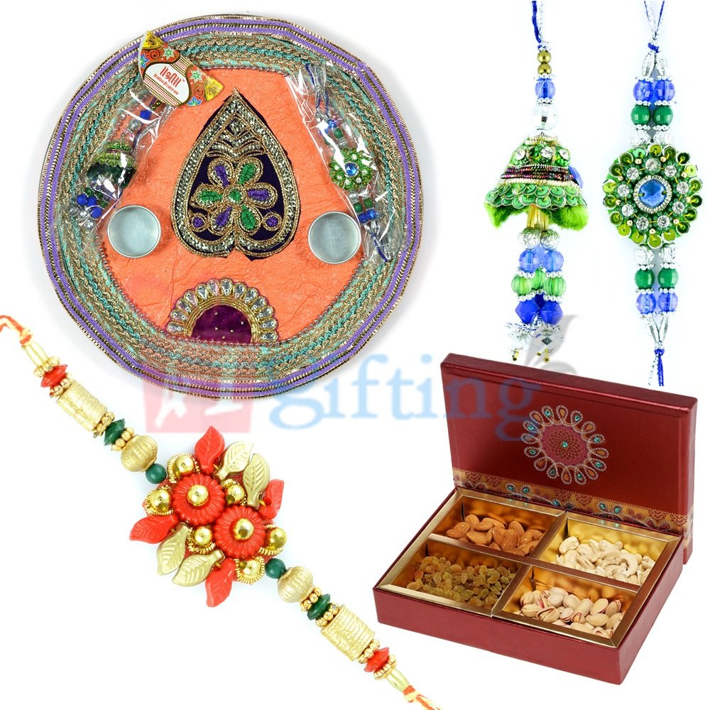 Kundan Floral Leave Rakhi Pooja Thali with Four Types Nets Dry Fruits and Rakhis for Family