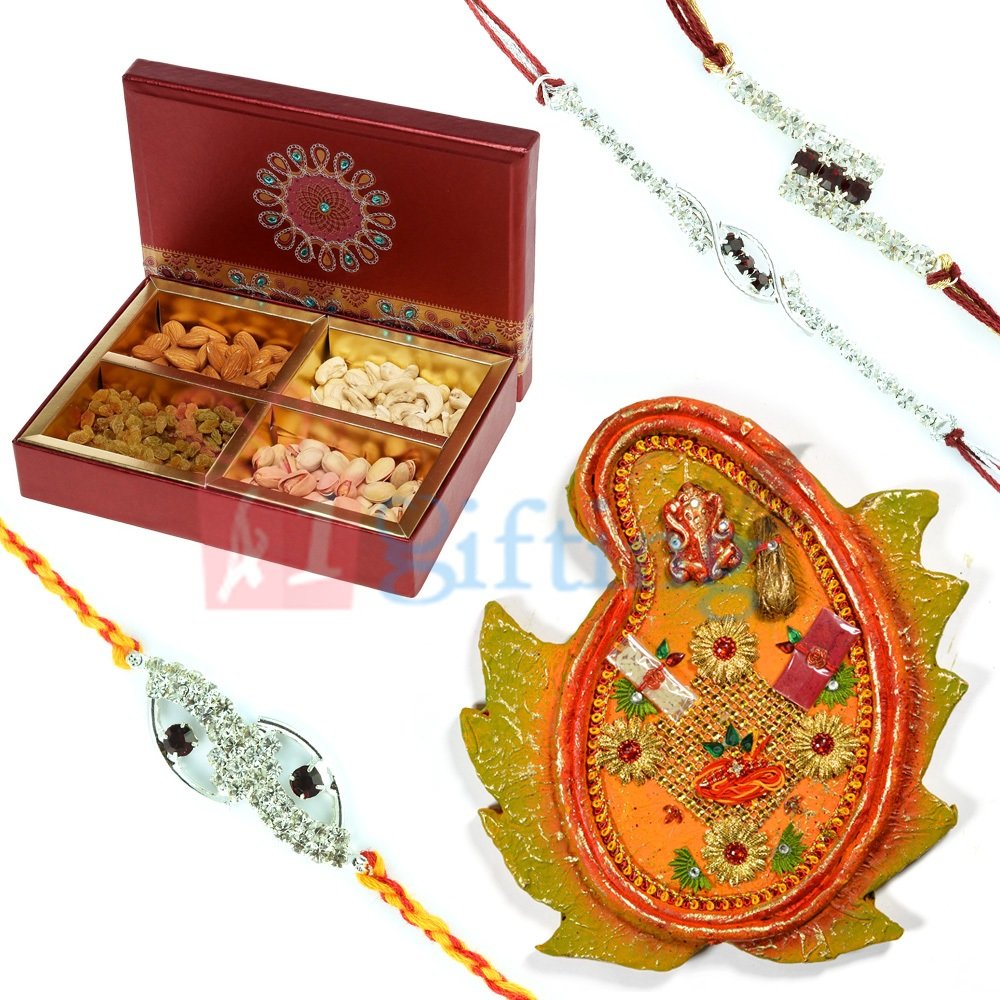 Paper Mache Leave Rakhi Pooja Thali with Four Types Dry Fruits Box and Rakhis