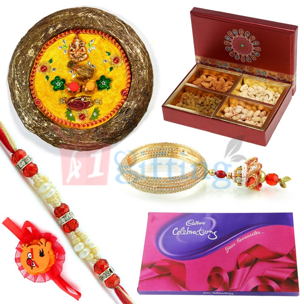 Traditional Paper Mache Thali for Rakhi Pooja Chocolate with Dry Fruit Box and Rakhis