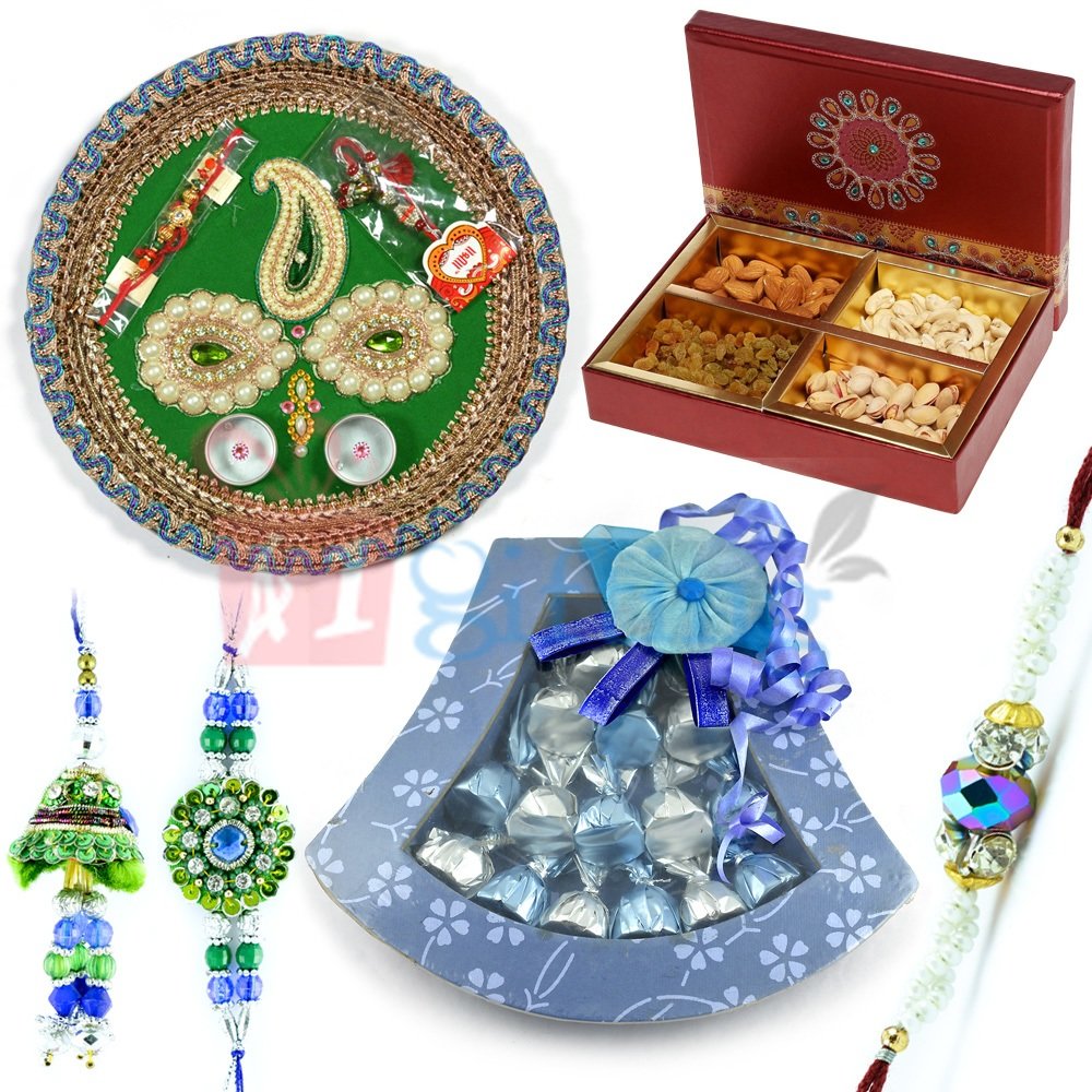 Simply Royal Hamper with Thali Chocolate Dry Fruit and Rakhis