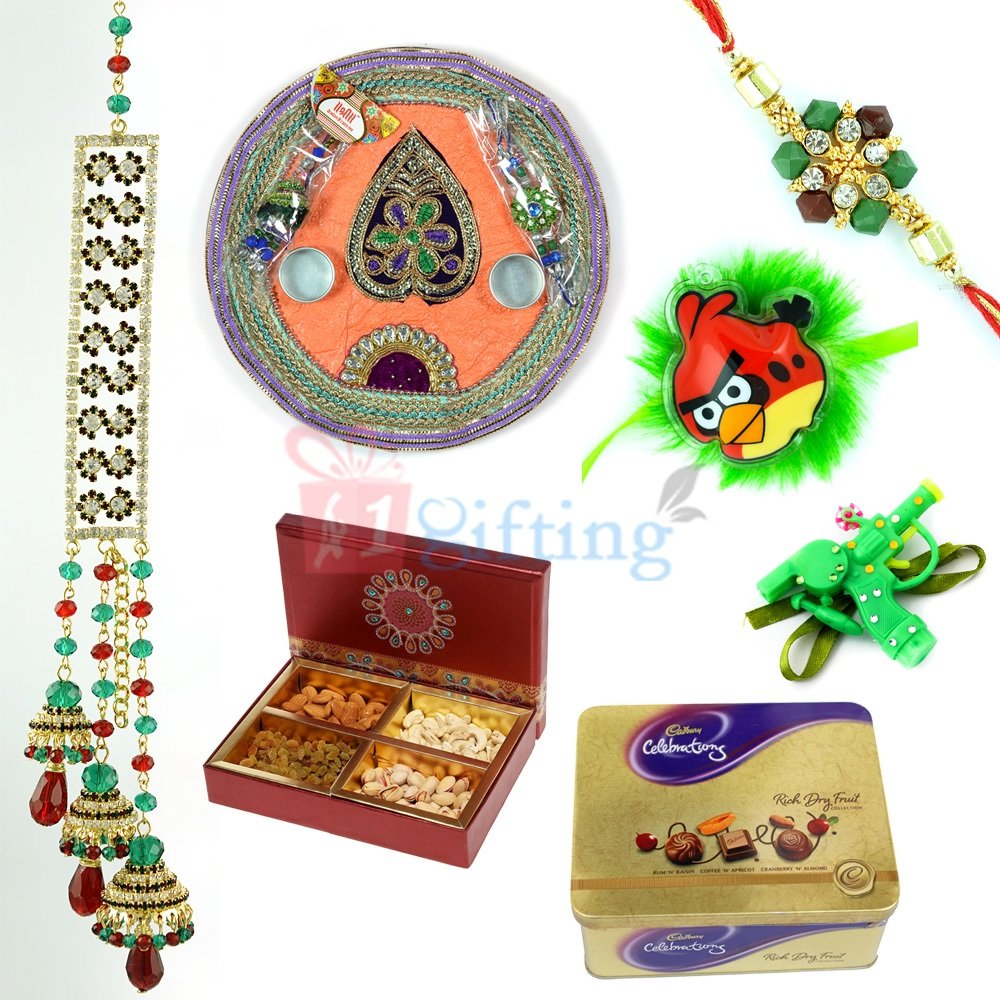 Gift Hamper for Family on Rakhi Festival with Chocolate Dry Fruit and Thali for Pooja