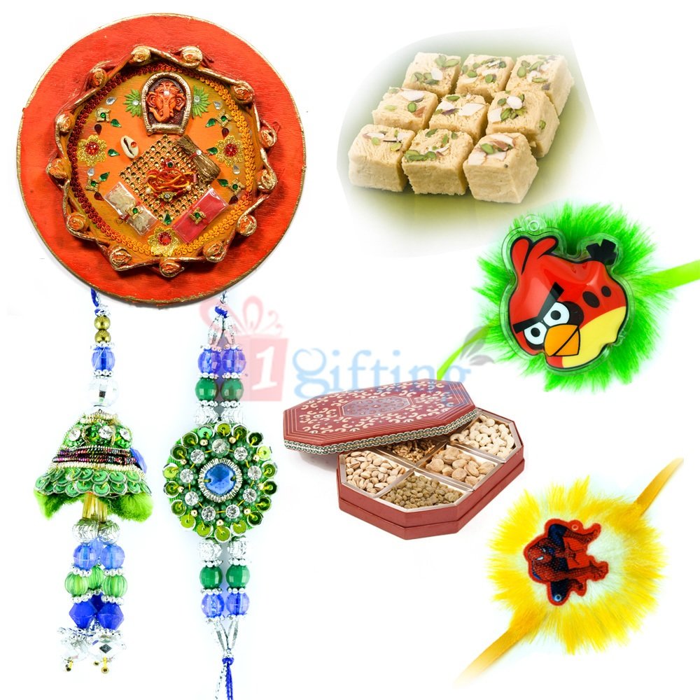 Rakhi Gift Combo with Thali Sweets Dry Fruits and Rakhis