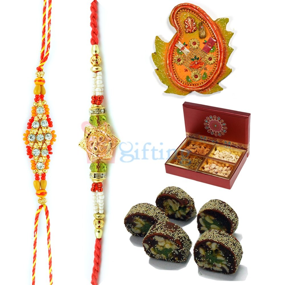 Gift for Raksha Bandhan with Combo of Thali Sweets and Dry Fruit with Rakhis