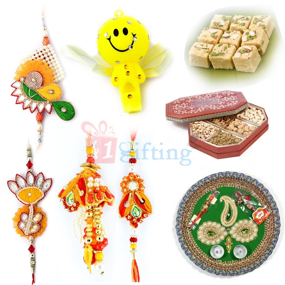 Superb Rakhi Combo Set for Gift with Sweets Thali and Dry Fruit Box and Rakhis