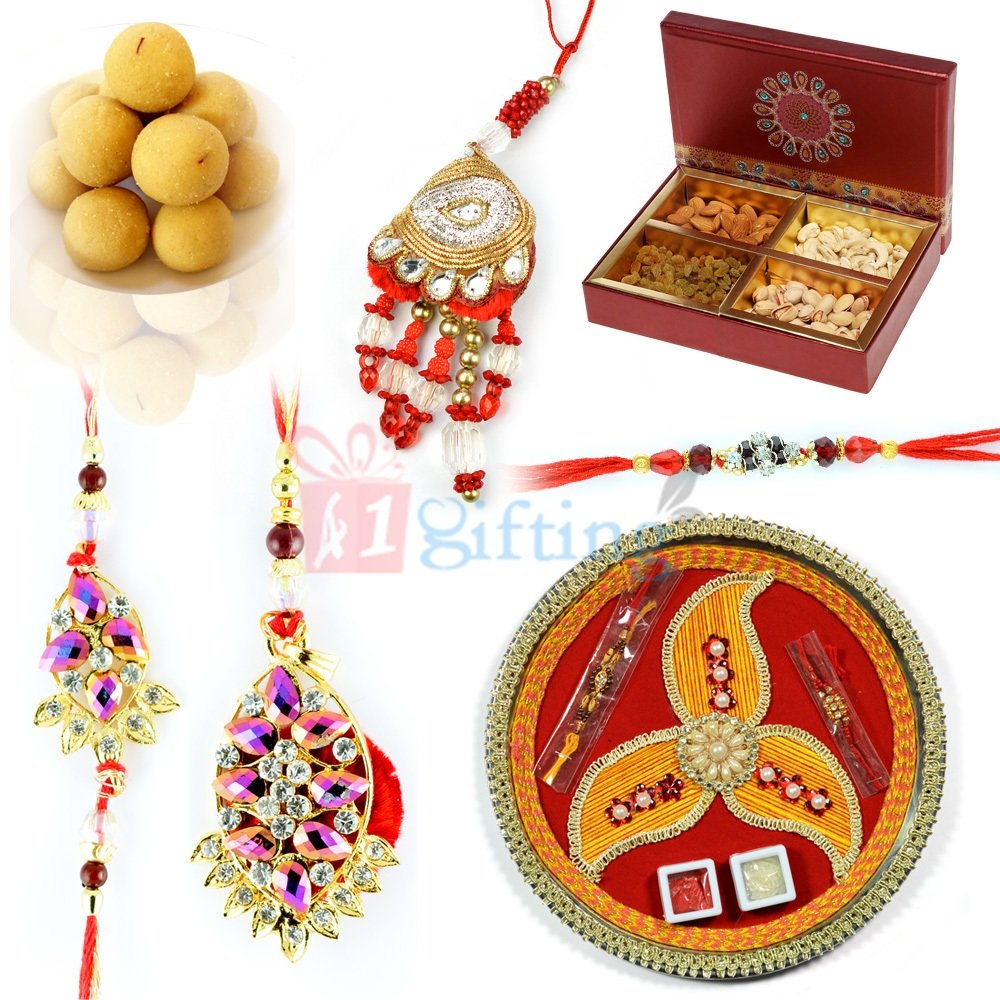 Gift Hamper with Thali Sweets and Dry Fruits Box and Rakhis for Family