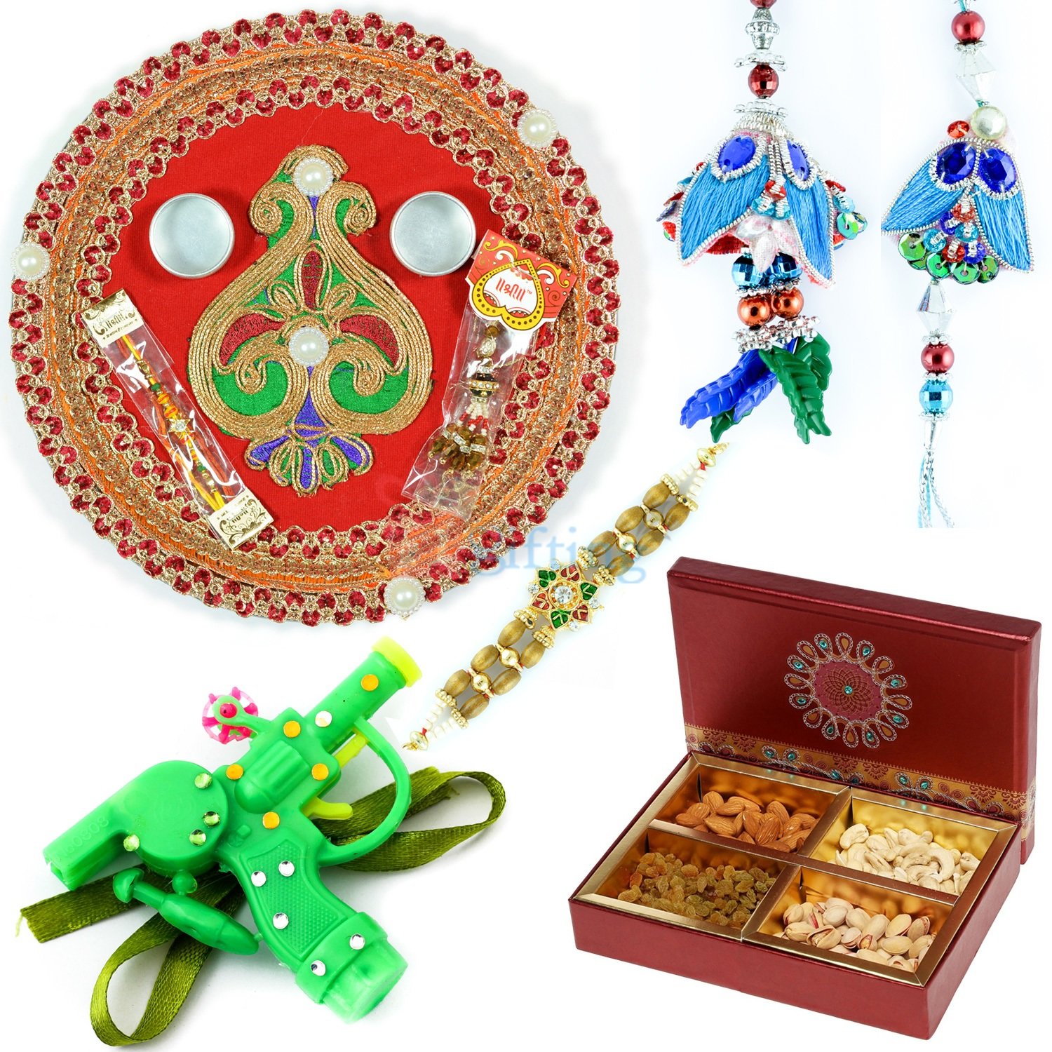 Dry Fruit Box with Thali and Sweets Combo along with Rakhis