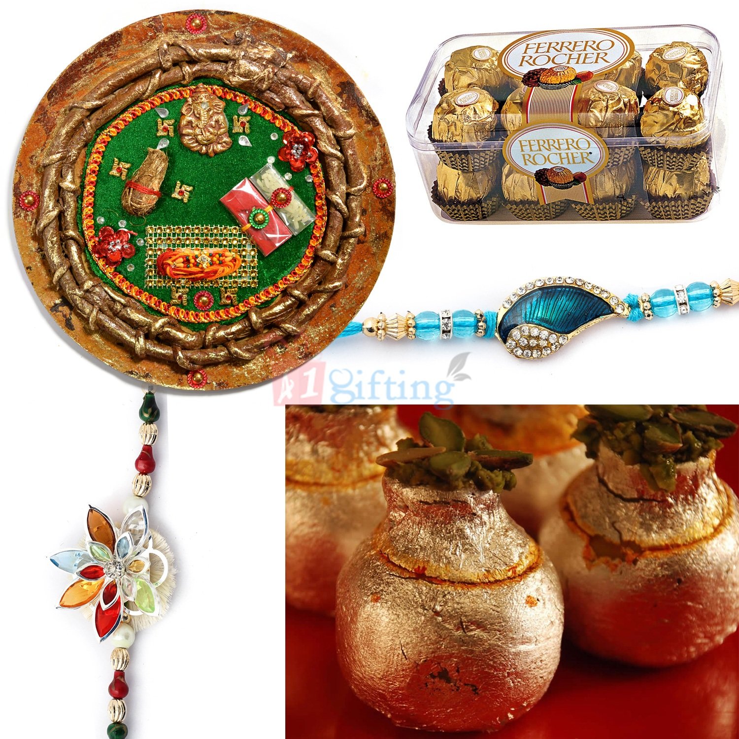 Gift Combo on Rakhi with Pooja Thali Chocolate Sweets and Rakhis