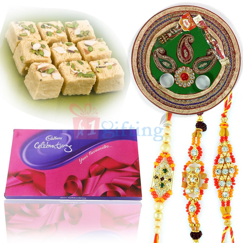 Rakhi Pooja Thali Sweets Chocolate Gift with Beads Rakhis