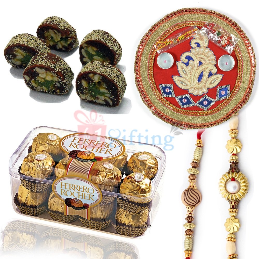 Great Combination of Gift on Rakhi with Pooja Thali Chocolate Sweets and Rakhis