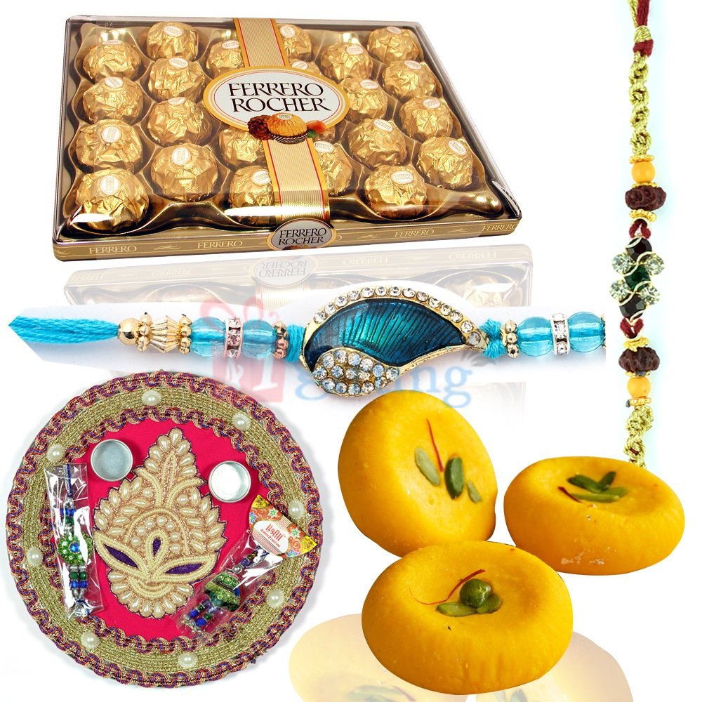 Gift Hamper Combo with Rakhi Thail Chocolate Sweets and Two Fancy Rakhis