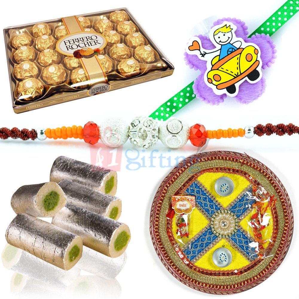 Sweeton Gift on Rakhis with Sweets Pooja Thali Chocolates and Rakhis Family Set
