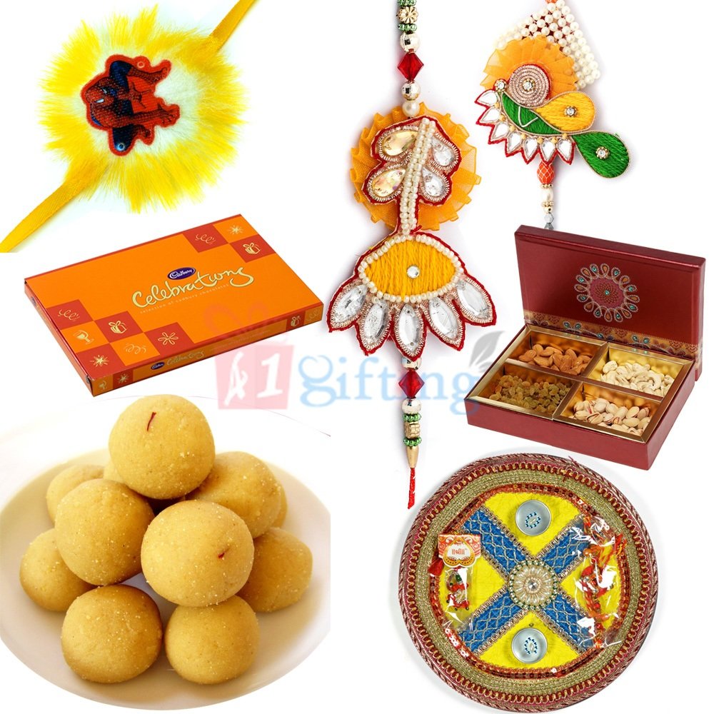 Traditional Pooja Thali Gift with Sweets Chocolates Six Type Dry Fruit Nuts and Rakhis