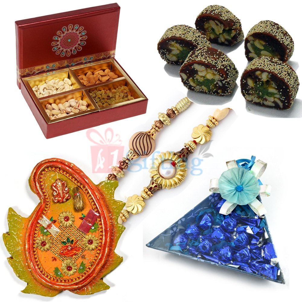 Gift Combo with Dry Fruits Chocolate Sweets Pooja Thali with Beautiful Two Rakhis