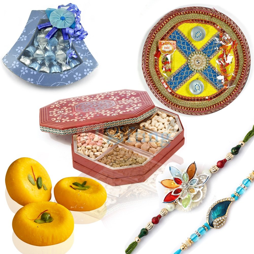 Excellent Pooja Thali with Combo Rakhi Gift of Chocolate Sweets Dry Fruits and Rakhis