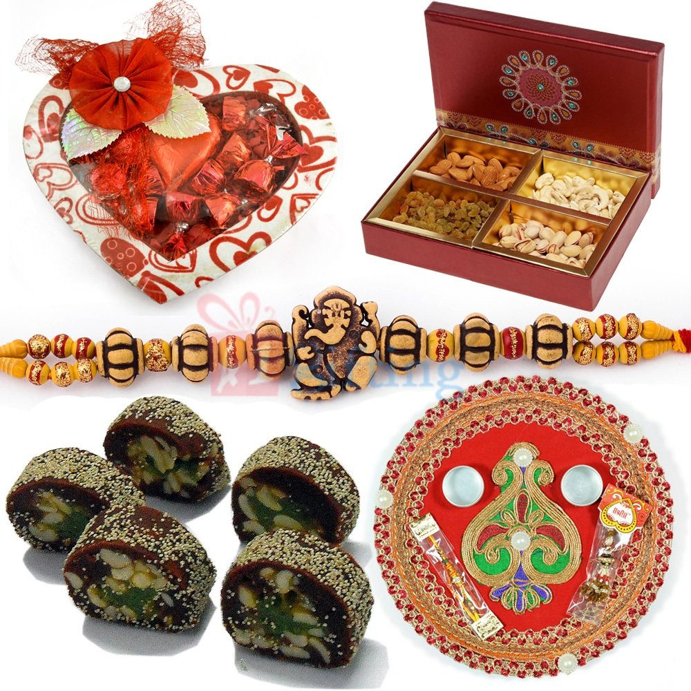 Heart Shape Chocolates with Dry Fruit Sweets Rakhi Thali and Rakhis to Gift on Rakhi