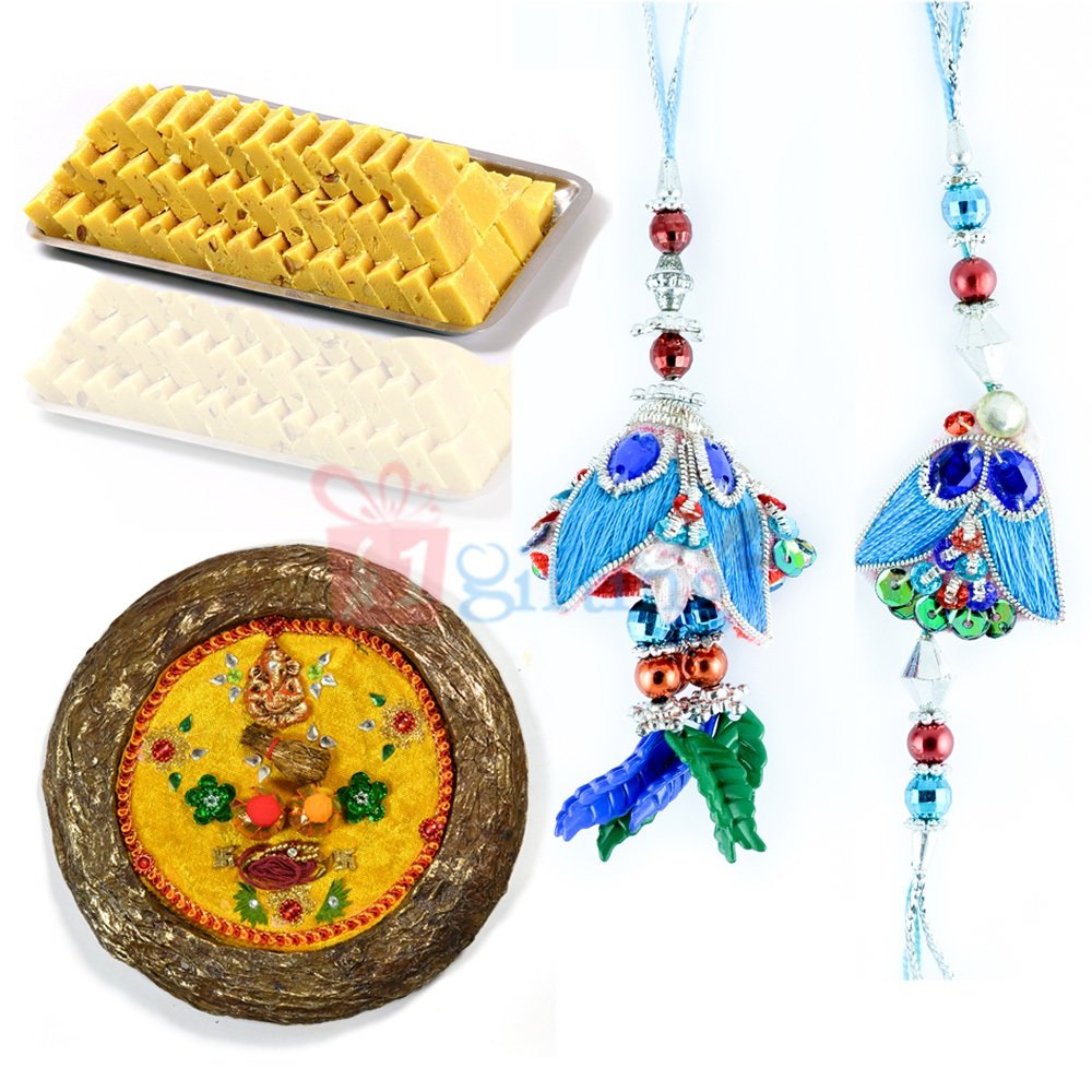 Wonderful Rakhi Thali Gift Hamper with Sweet and Bhaiy Bhabhi Rakhi