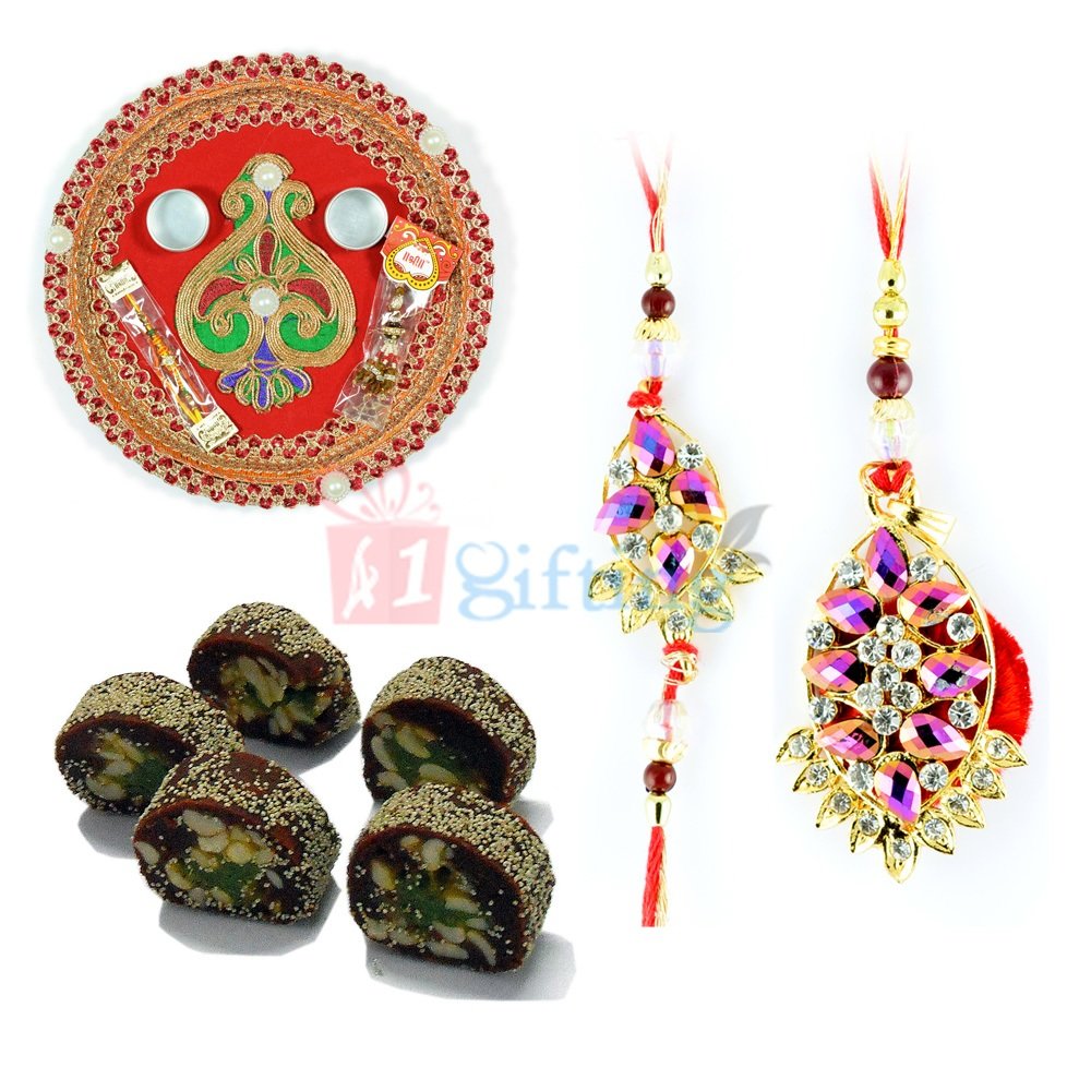 Embroidery Handmade Rakhi Thali with Sweets and Bhaiya Bhabhi Rakhi