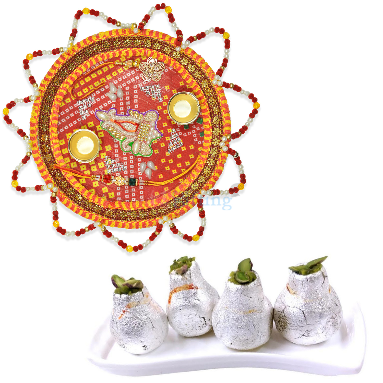 Multi Color Beads Jhalar Chunri Rakhi Thali and Kaju Kalash Sweets