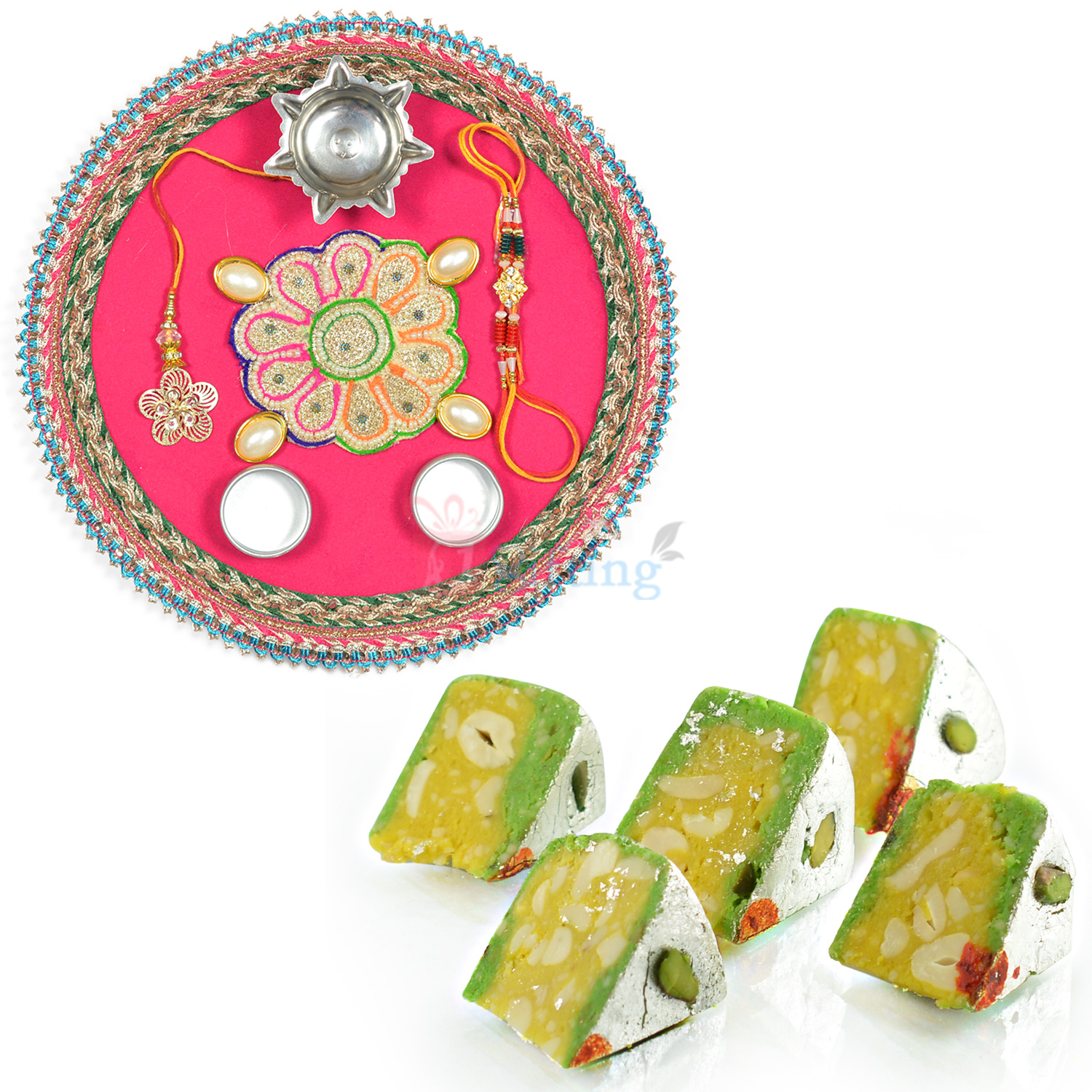 Special Rajasthani Designer Rakhi Thali with Kaju Diamond Cake