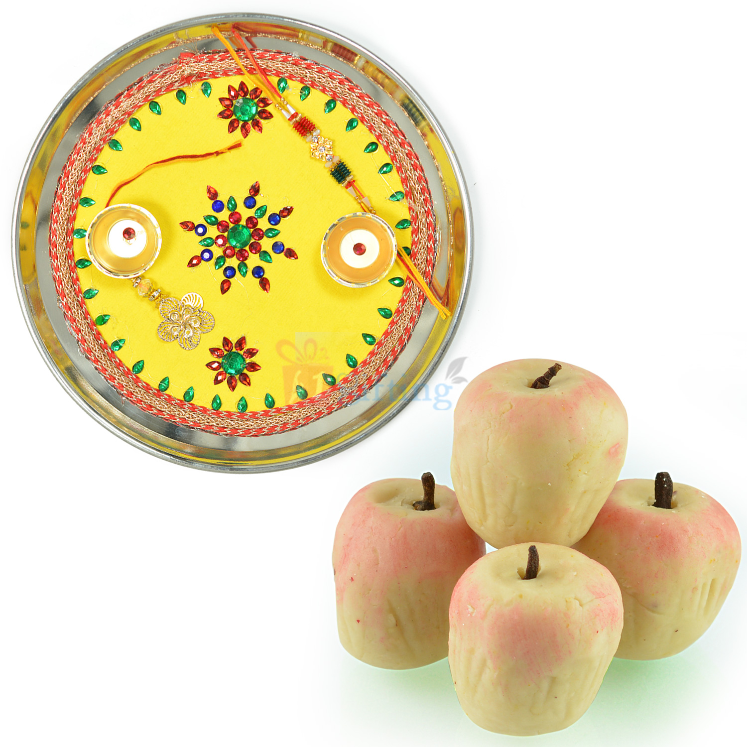 Yellow Painted Designer Rakhi Thali with Kaju Apple Sweet