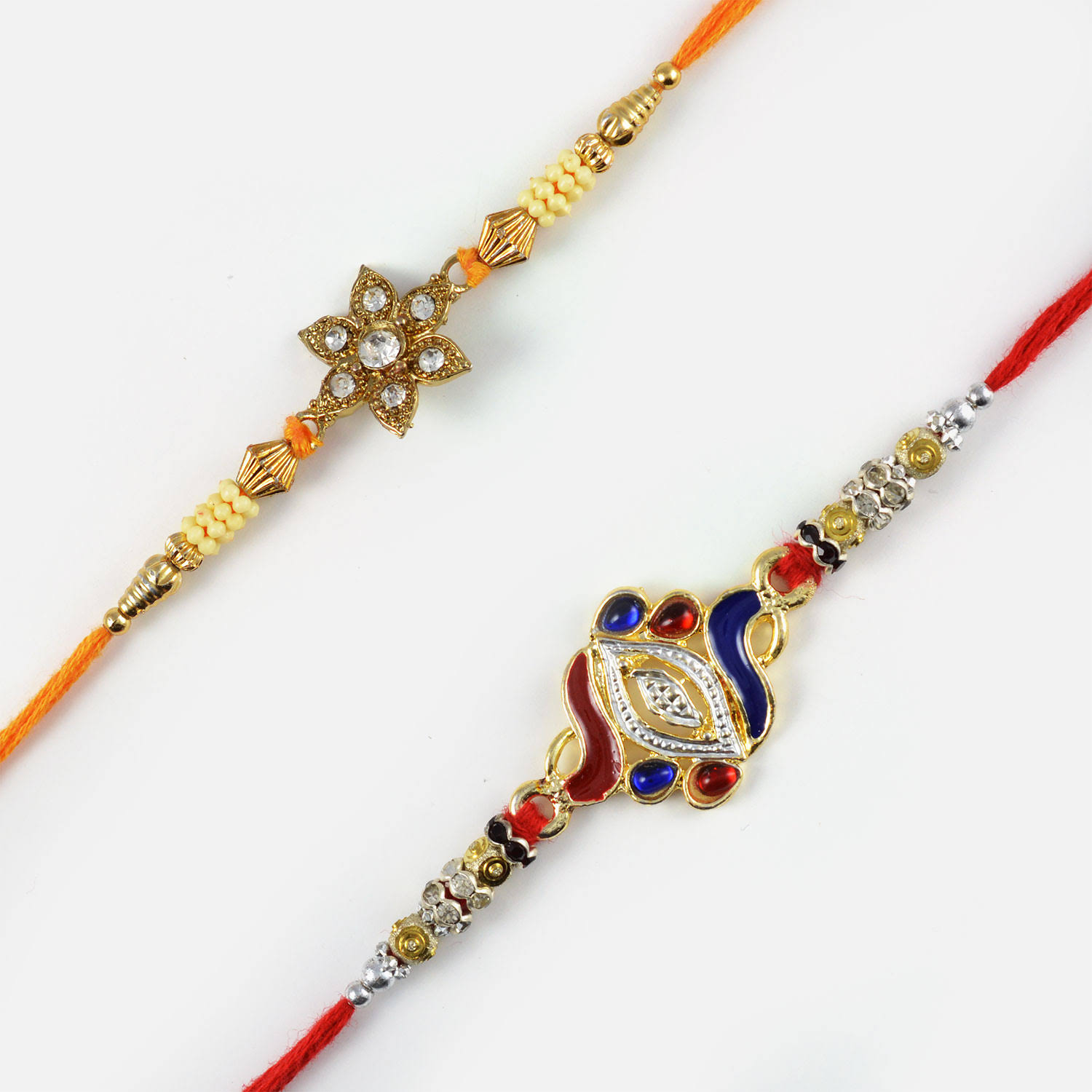 Awesome Diamond Floral with Coloured Moti Rakhi Set