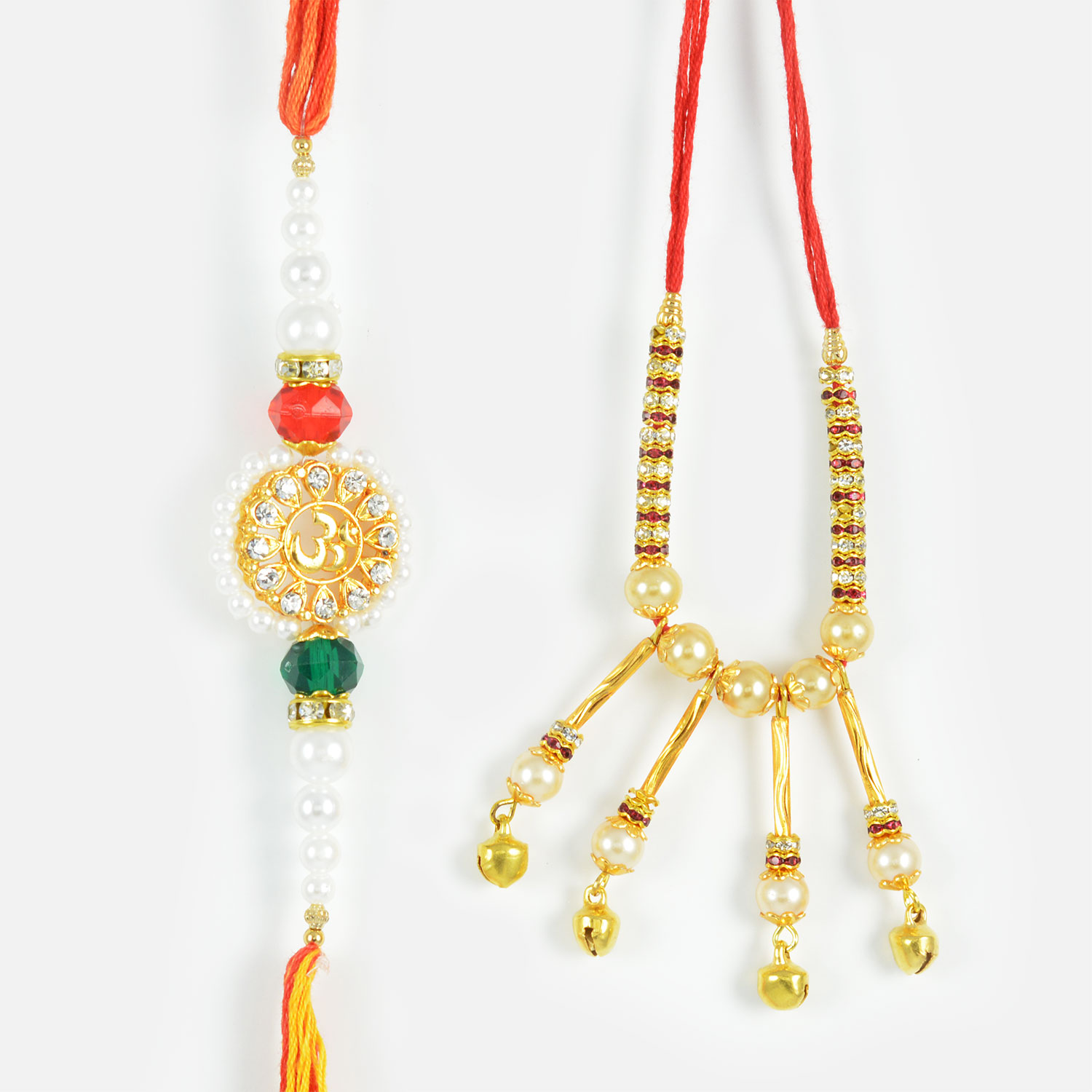 Auspicious Om and Golden Beads Lumba Rakhi Set of 2