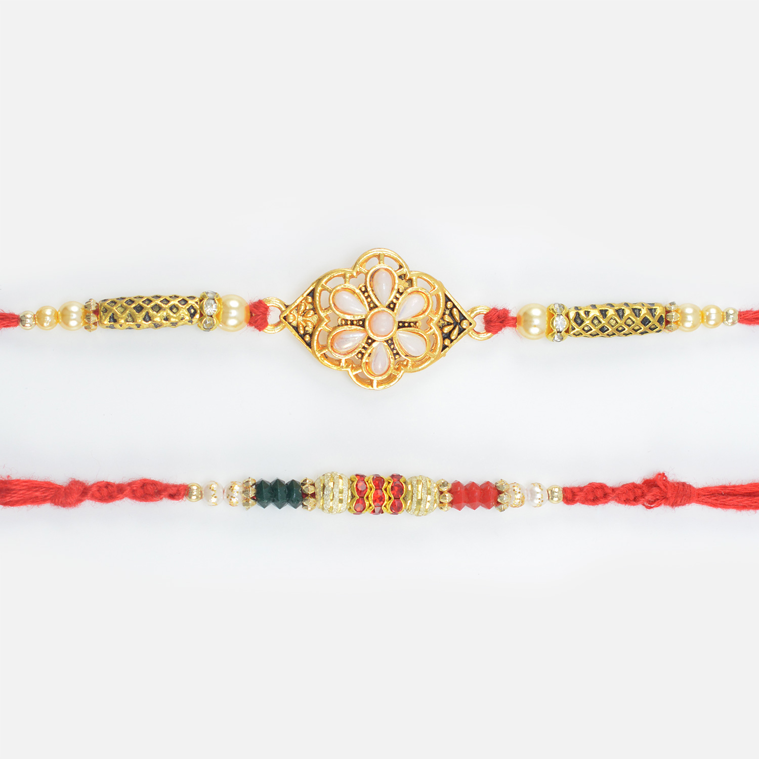 White Design Beads on Designer Rakhi with Simple Looking Colorful Jewel Rakhi Set of 2