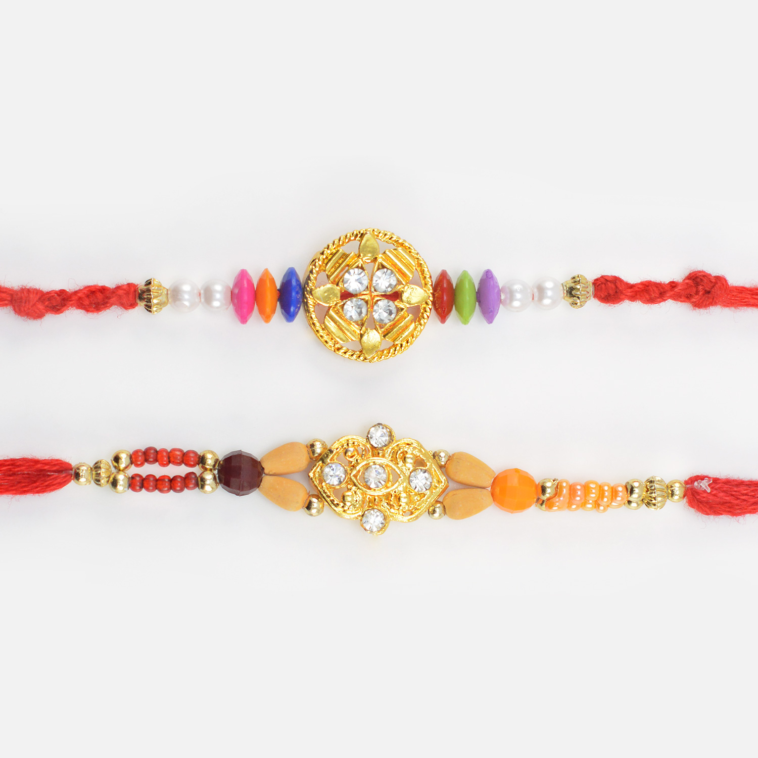 Simple and Elegant Looking Colorful Beaded Red Threaded Rakhis Set of 2
