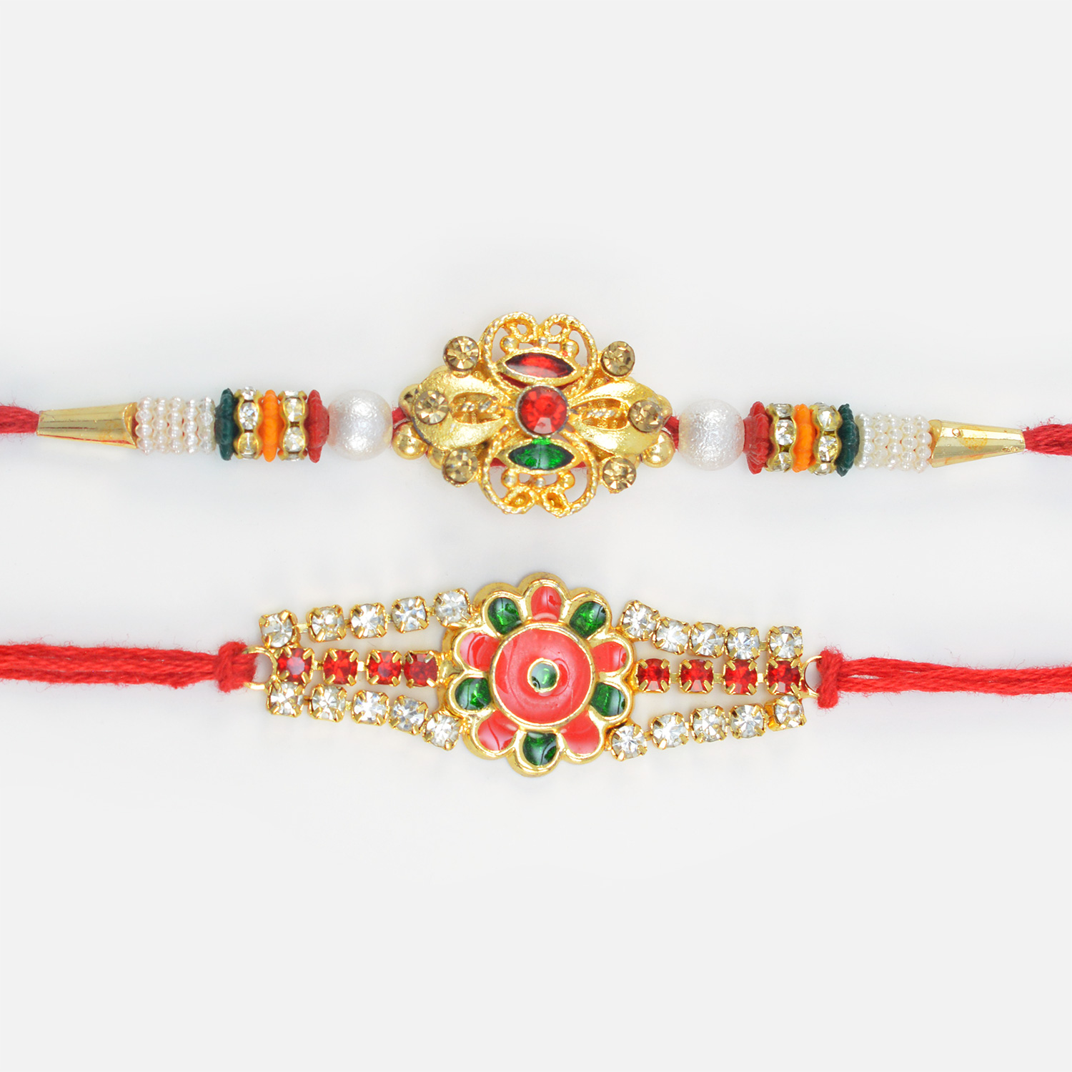 Flower Shape Designer Jewel Studded and Golden Colorful Beaded Amazing Rakhis Set