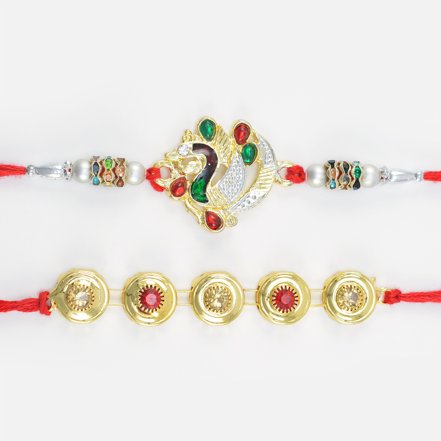 Meenakari Work Jewels Dotted Gemstone Peacock Designer and Golden Colored Rakhi Set of 2