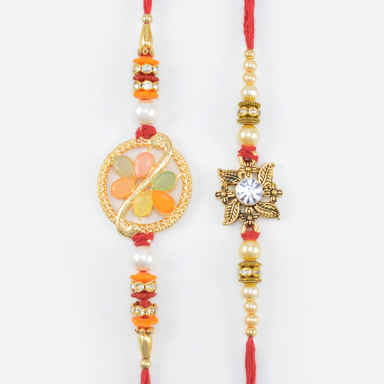 Colorful Stones Scattered Multi Shaded Brother Flower Type Rakhis Set of 2
